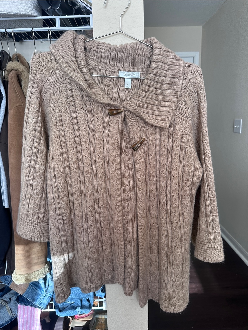 dressbarn Cable-Knit Hooded Cardigan in Taupe